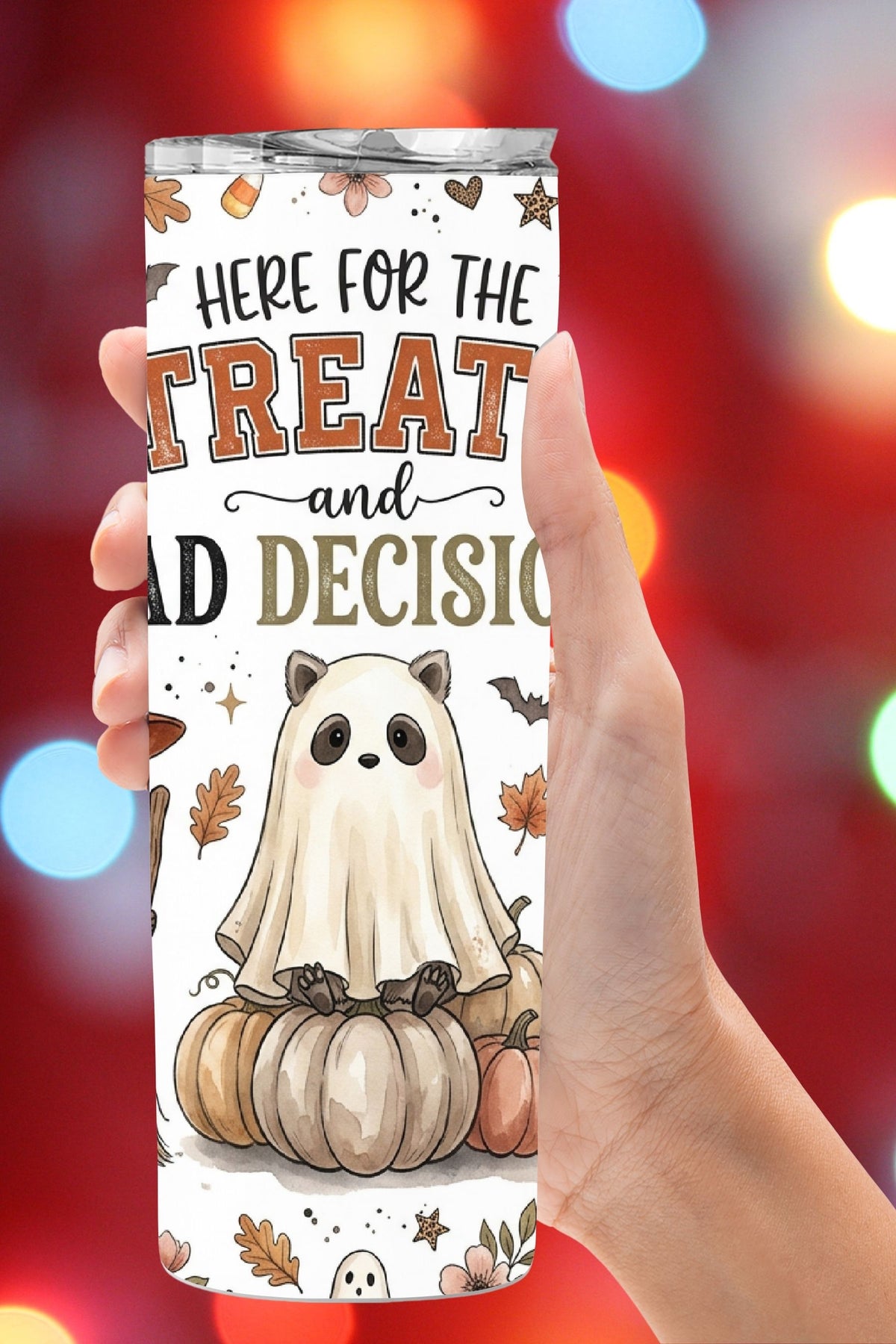 Here for the Treats and Bad Decisions Halloween Raccoon Tumbler and Tumbler Wrap PNG  *1083