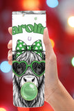 Lucky Highland Cow St. Patrick’s Day tumbler featuring a trendy coquette cow with shamrock bow, heart sunglasses, and lucky vibes 🍀 This personalized St. Patrick’s Day tumbler is available as a finished physical cup or a digital PNG wrap for sublimation. Perfect for Irish gifts, March drinkware, and highland cow lovers.