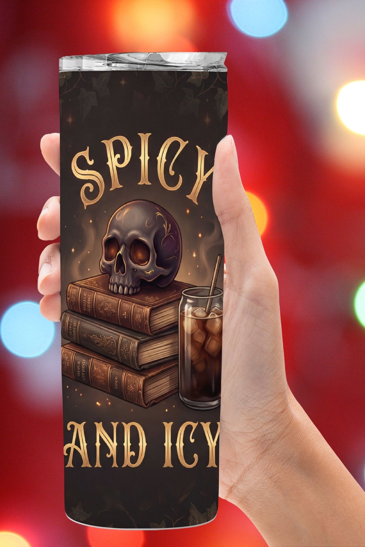 The perfect gift for a book lover who lives on iced coffee and spicy books. This cute skull tumbler design is ideal for book club friends, book nerds, and readers who love funny bookish humor and cozy reading vibes.
