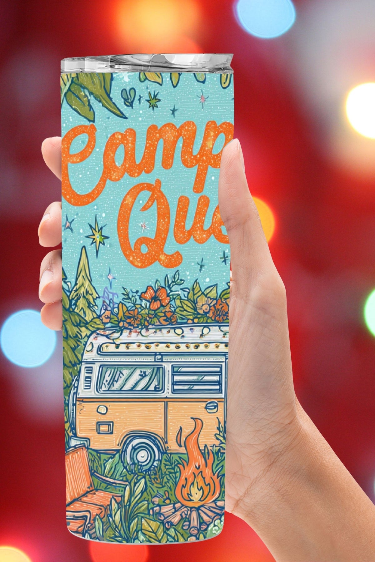 This Camping Queen camper van tumbler wrap is made for adventure lovers and campground queens. Designed to fit a 20 oz skinny tumbler, this sublimation tumbler wrap is available as a digital download or a ready-to-use outdoor tumbler. Perfect for camping lovers, RV life, and glamping gifts.