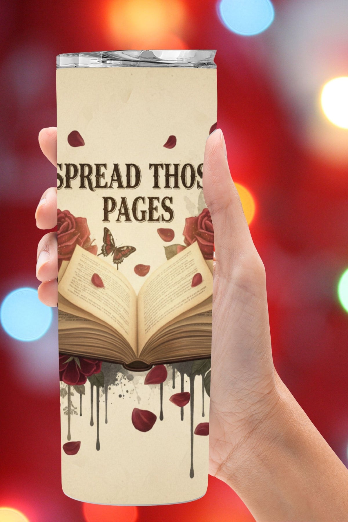 For readers who like their stories dramatic and aesthetic. This dark romance bookish tumbler design blends gothic roses, butterflies, and an open book with the quote “Spread Those Pages.” Choose a physical tumbler or a PNG wrap for sublimation—perfect for BookTok creators, romance readers, and book lover gift ideas.