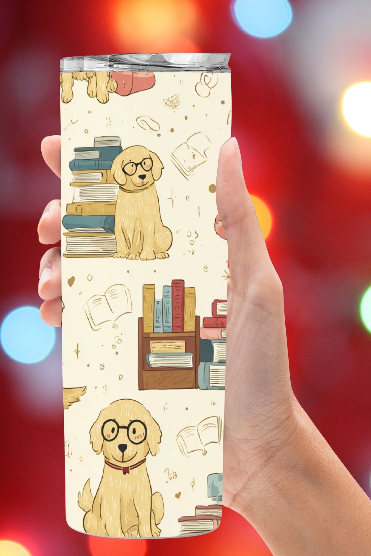 Cozy reading days, coffee in hand, and your dog nearby—this bookish dog mom tumbler captures it all. Soft ivory tones, adorable golden retrievers, and a seamless design make this a favorite for dogs and books lovers decorating their everyday drinkware.