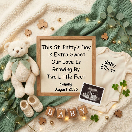 St Patricks Day Two Little Feet Pregnancy Announcement Canva Template