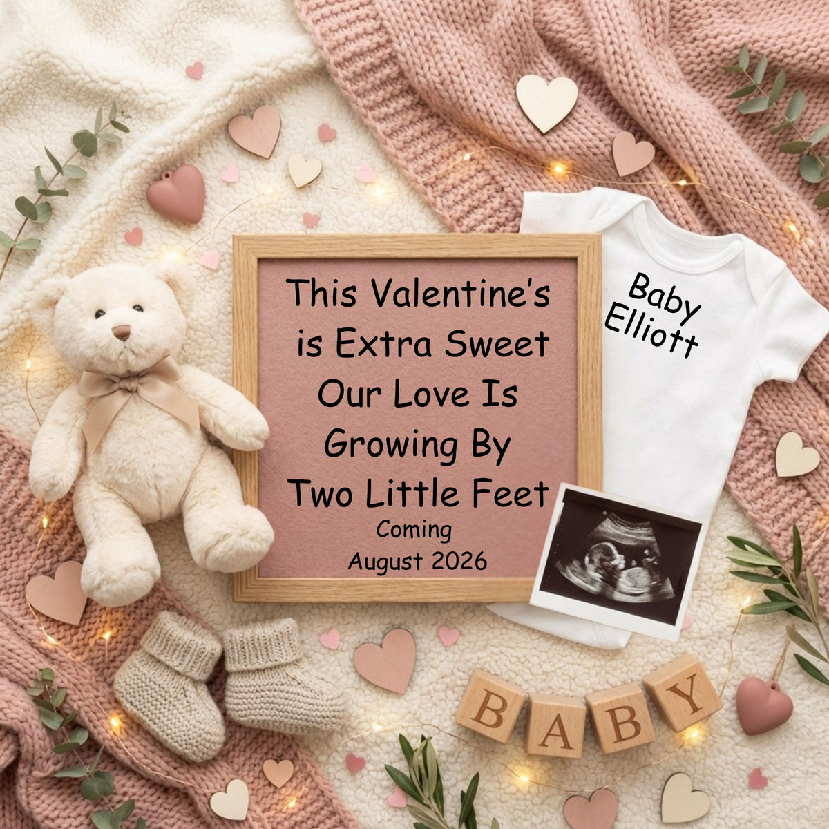Valentine Two Little Feet Pregnancy Announcement Canva Template