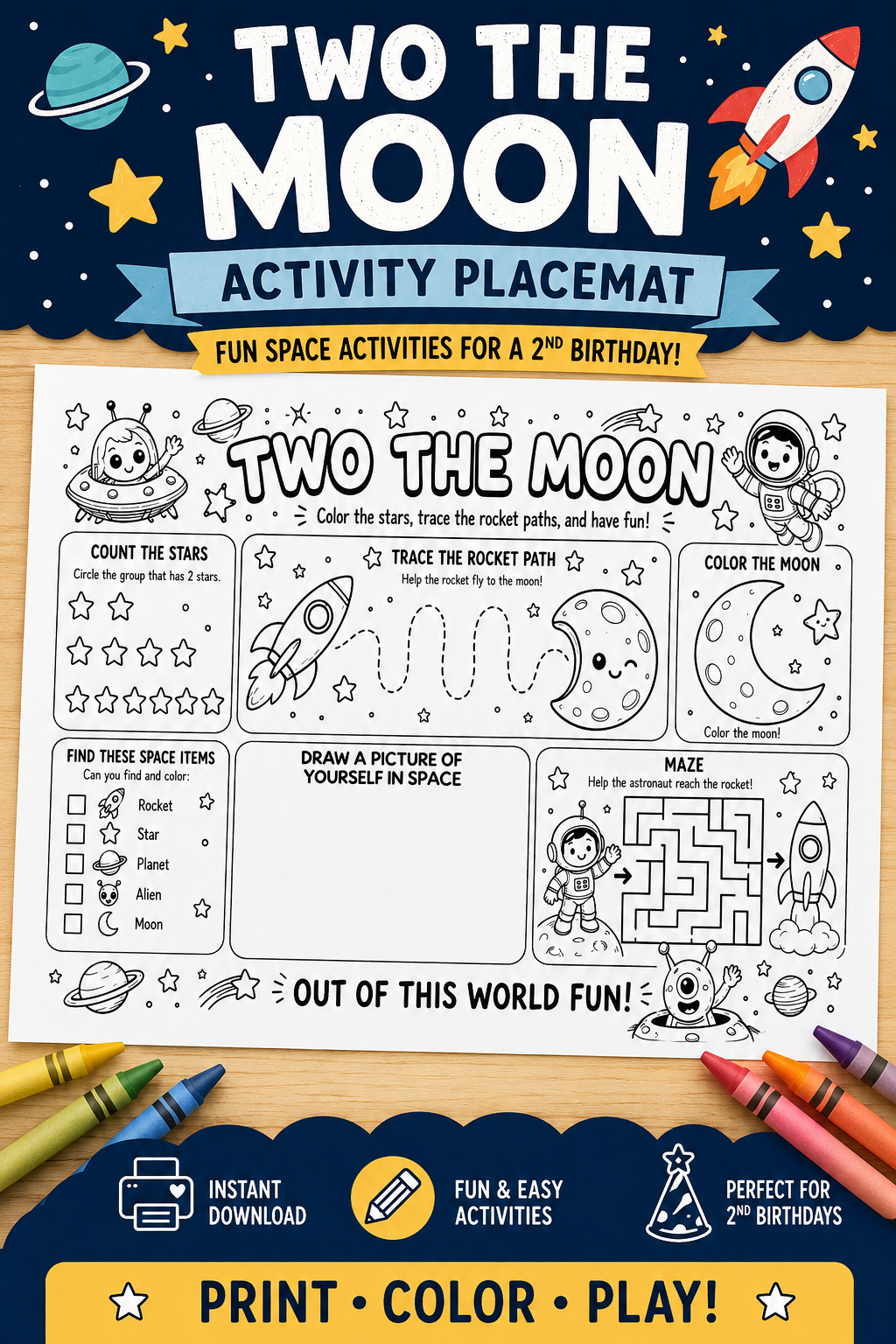 Planning a Two The Moon birthday party? 🚀 This printable outer space activity placemat is the perfect kids table activity for a 2nd birthday celebration! Little astronauts can color, trace rocket paths, complete a maze, find hidden space items, and draw themselves in space for out-of-this-world fun.

Perfect for space birthday parties, astronaut birthdays, moon themed birthdays, toddler party activities, and printable party decor. Simply print on standard 8.5x11 paper and let the fun begin!

✨ Instant down