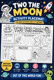 Throw the cutest Two The Moon birthday party with this printable outer space activity placemat! 🚀 Perfect for keeping toddlers and little party guests entertained during a 2nd birthday celebration with fun coloring, tracing, mazes, and space-themed activities.

This space birthday printable is easy to print at home and makes the perfect addition to astronaut birthday parties, moon birthday themes, kids activity tables, and party favor bags. Kids can color planets, trace rocket paths, complete a maze, and e