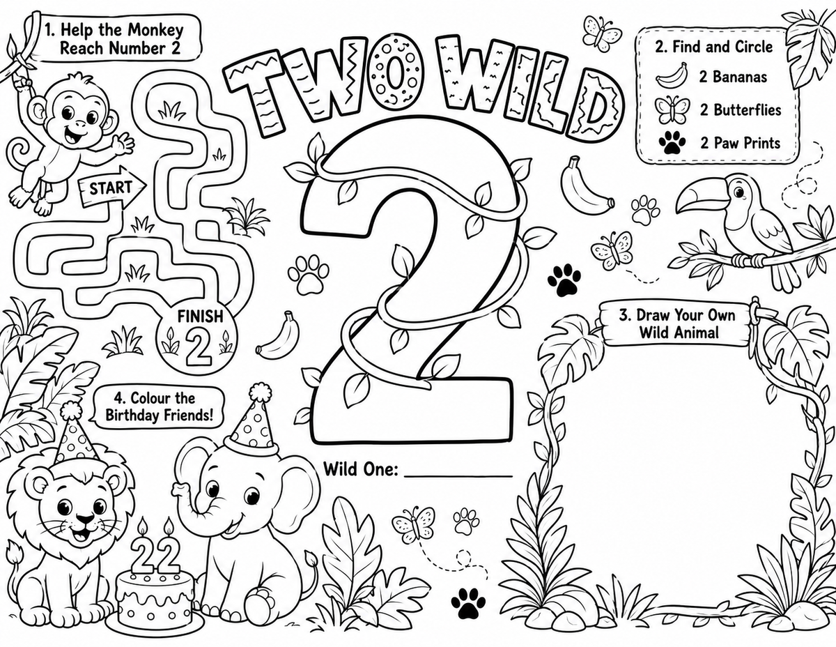Two Wild Second Birthday Activity Placemat Printable, Jungle Safari Birthday Activity
