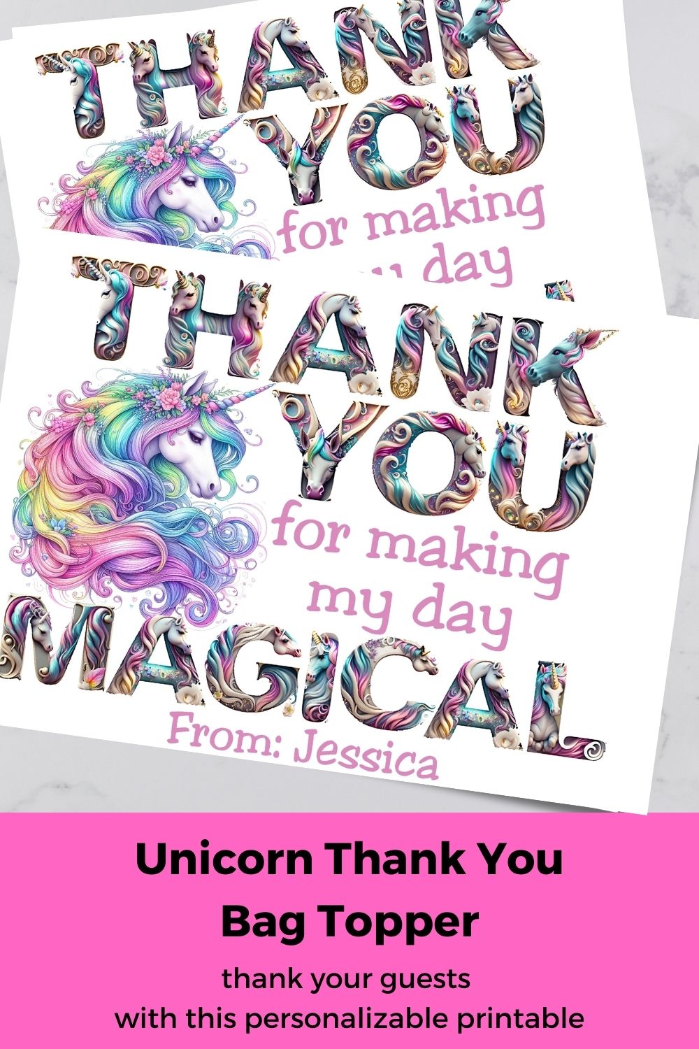 Thank You Personalizable Unicorn Candy Bag Topper Canva Template