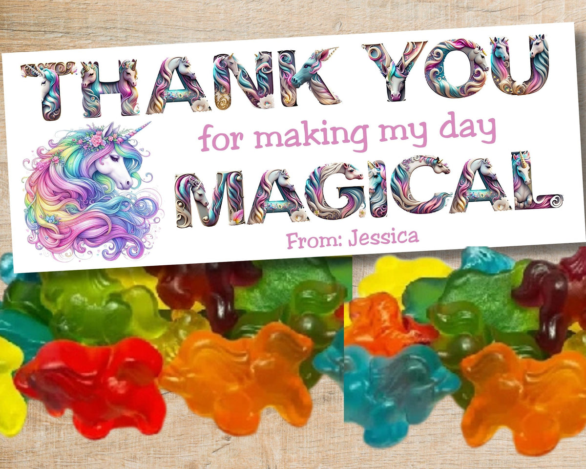 Thank You Personalizable Unicorn Candy Bag Topper Canva Template