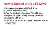 Instructions on how to upload a photo using a USB drive displayed on a white background.