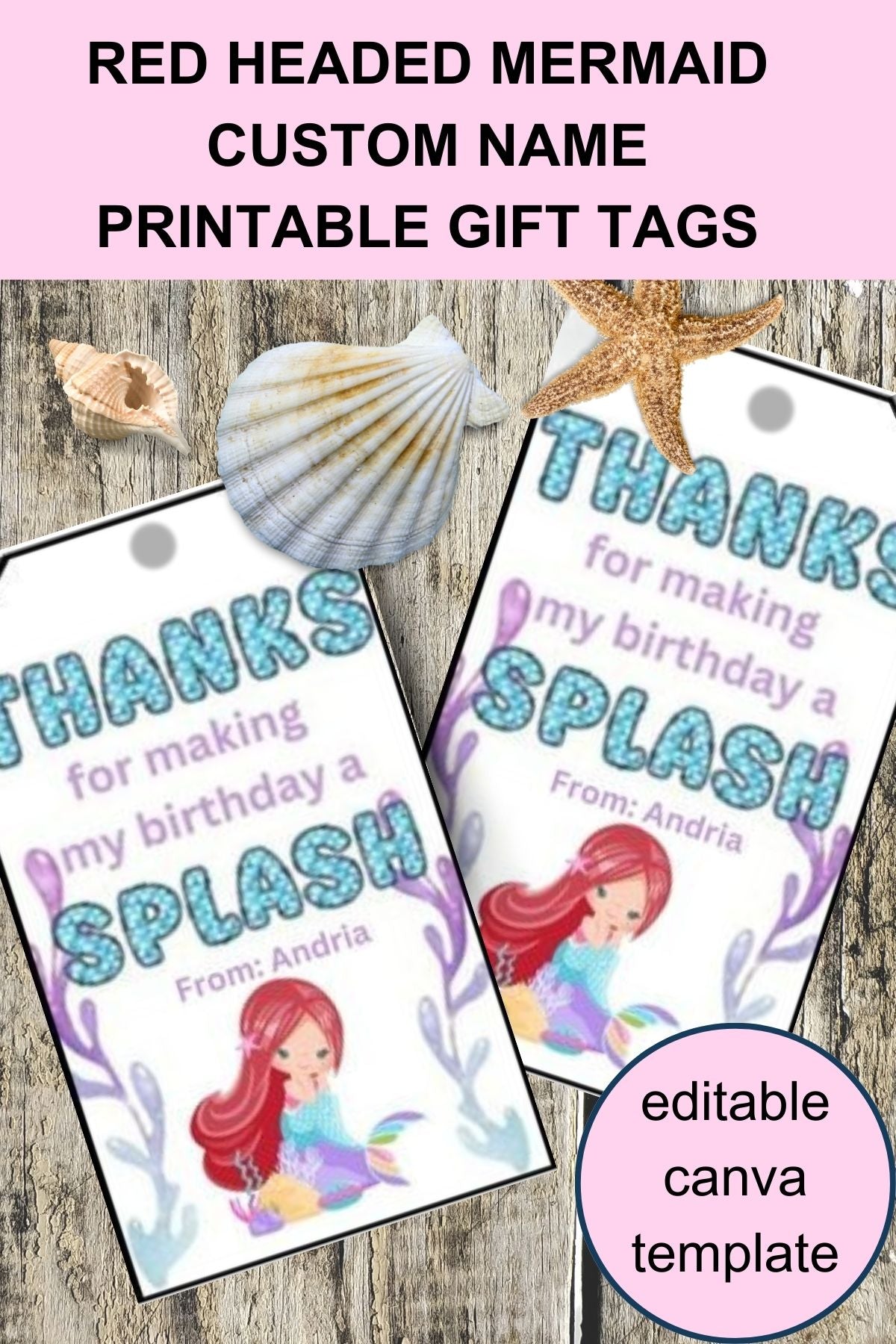 Little Mermaid Custom Name Thank You Gift Tag Canva Template Printable