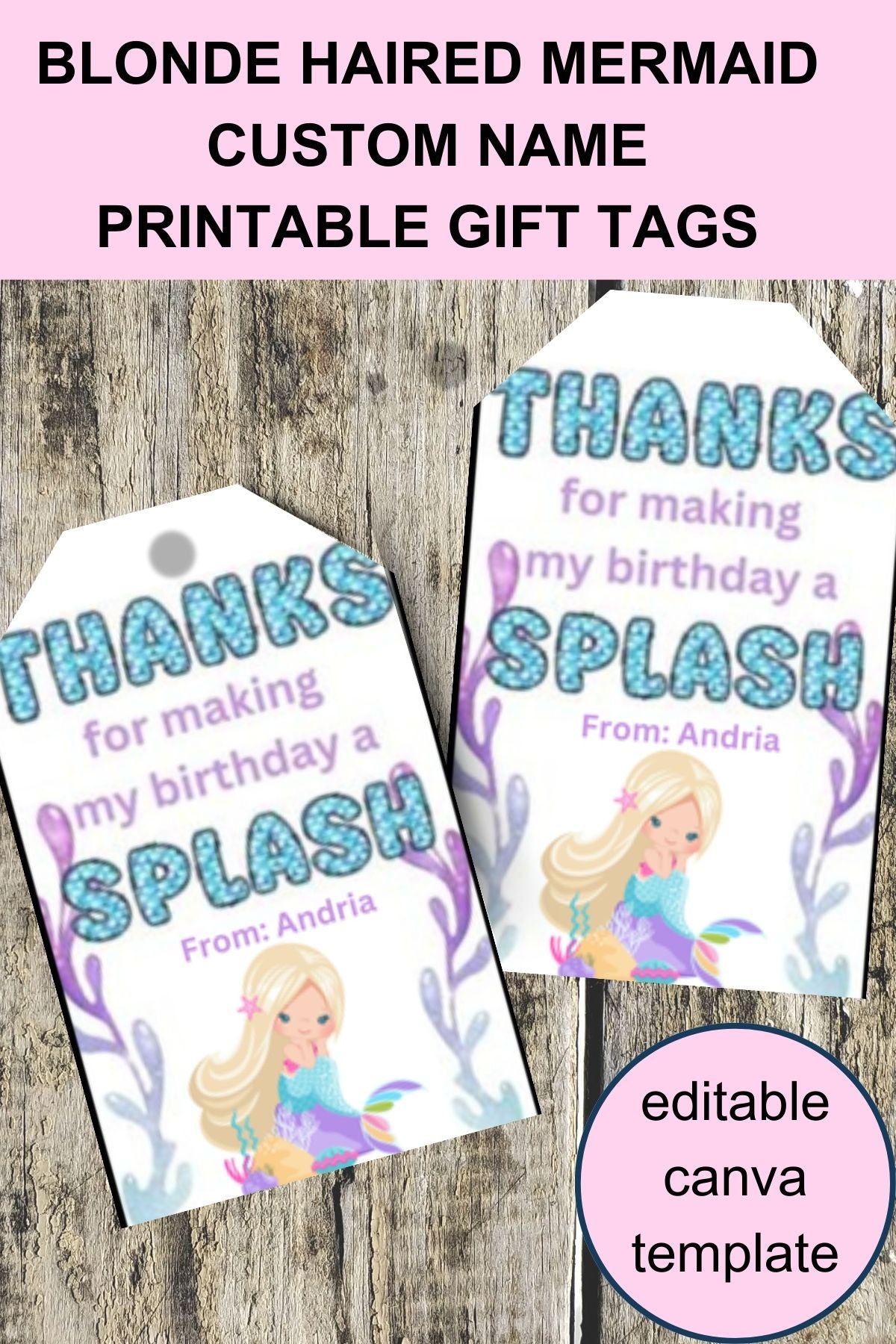 Little Mermaid Custom Name Thank You Gift Tag Canva Template Printable