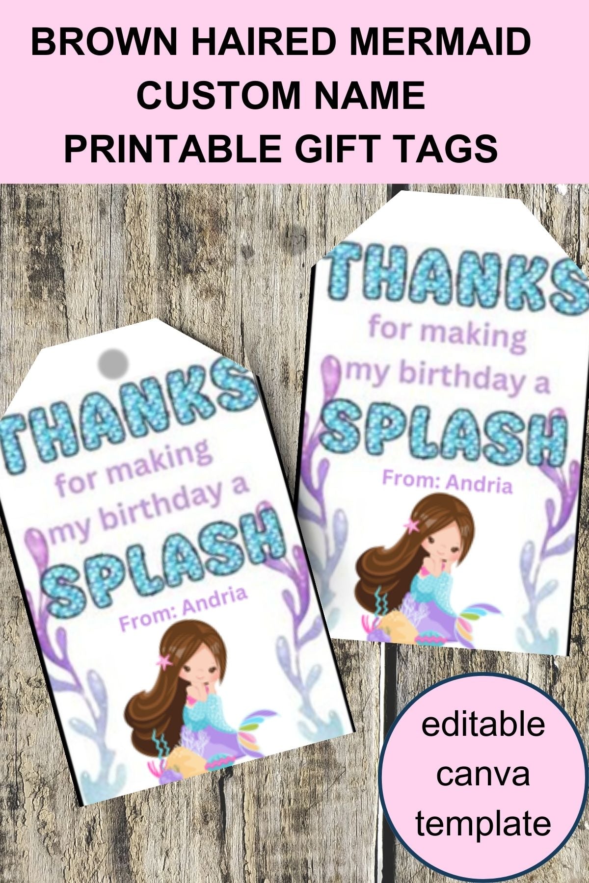 Little Mermaid Custom Name Thank You Gift Tag Canva Template Printable