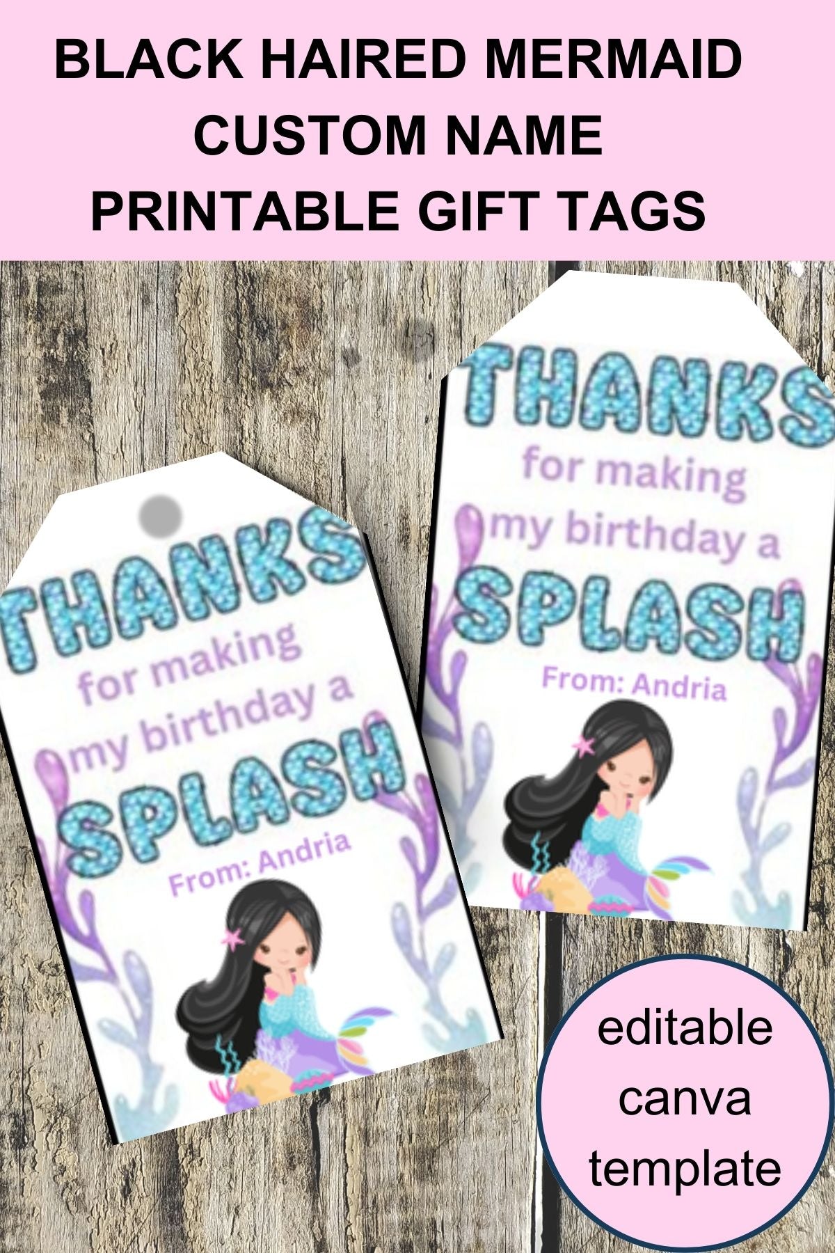 Little Mermaid Custom Name Thank You Gift Tag Canva Template Printable