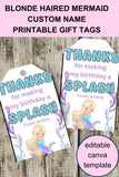 Little Mermaid Custom Name Thank You Gift Tag Canva Template Printable
