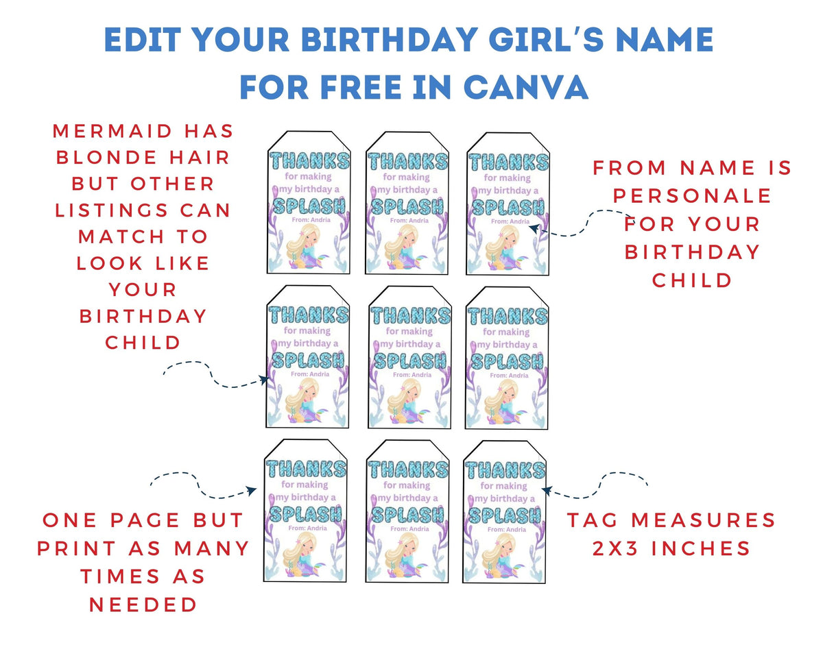 Little Mermaid Custom Name Thank You Gift Tag Canva Template Printable