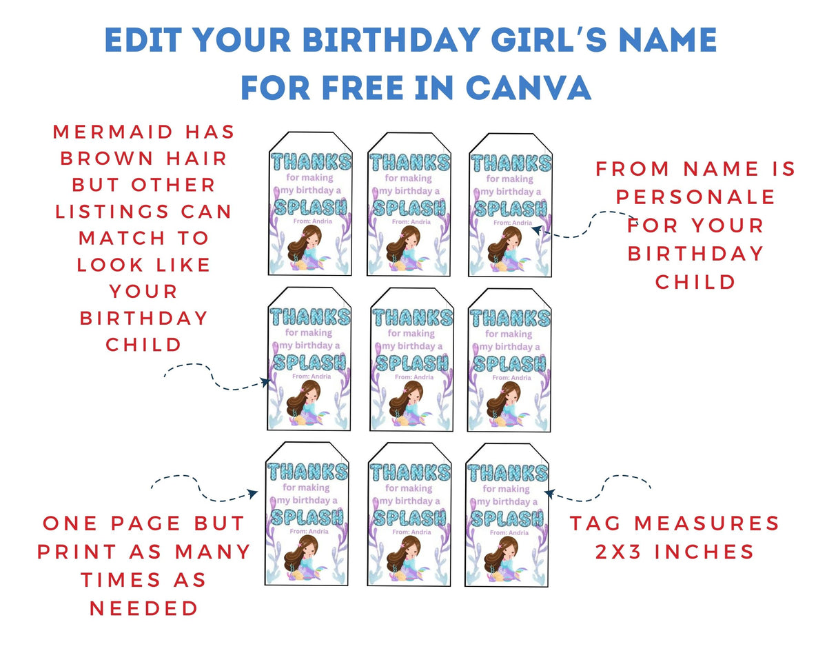 Little Mermaid Custom Name Thank You Gift Tag Canva Template Printable