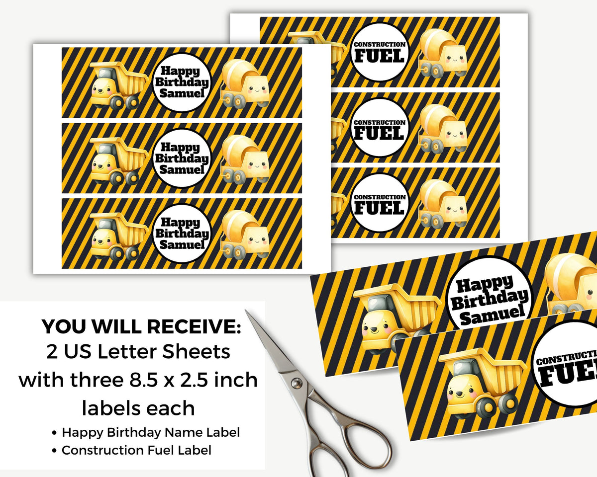 Cute Construction Personalizable Water Bottle Label Printable