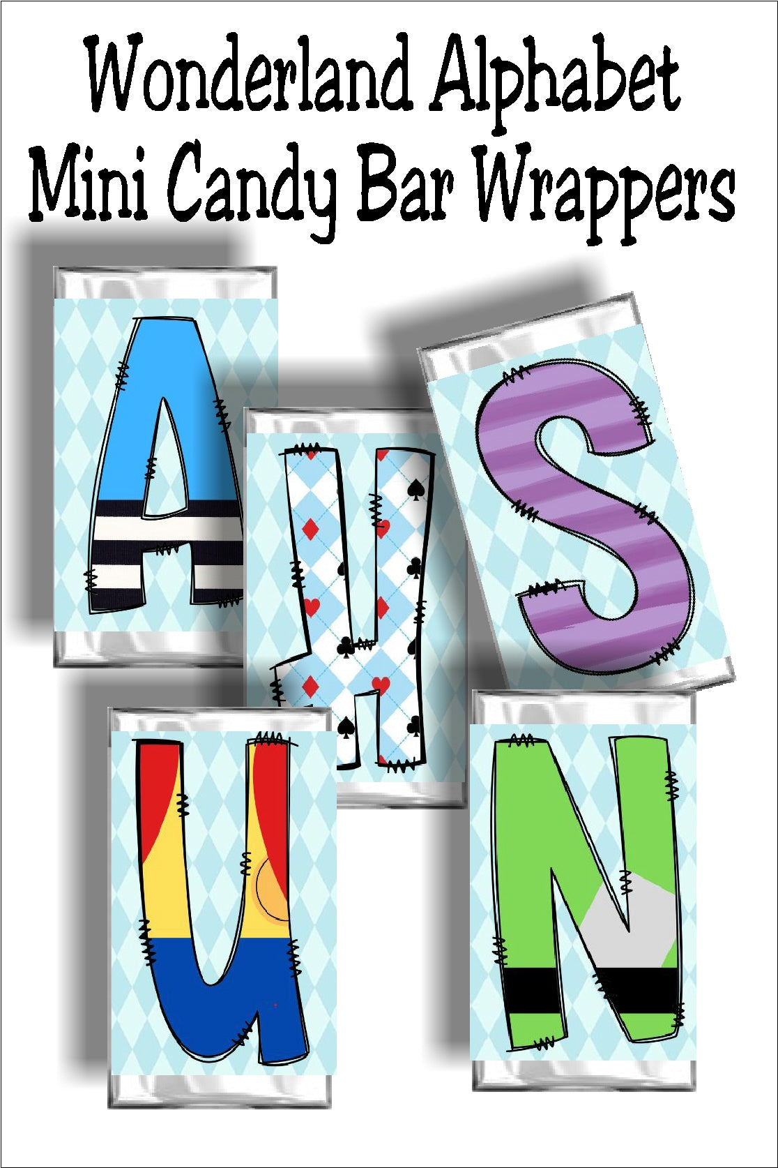 Wonderland Alphabet Hershey Candy Bar Wrapper Printable – DIY Party Mom for Free Printable Mini Candy Bar Wrappers