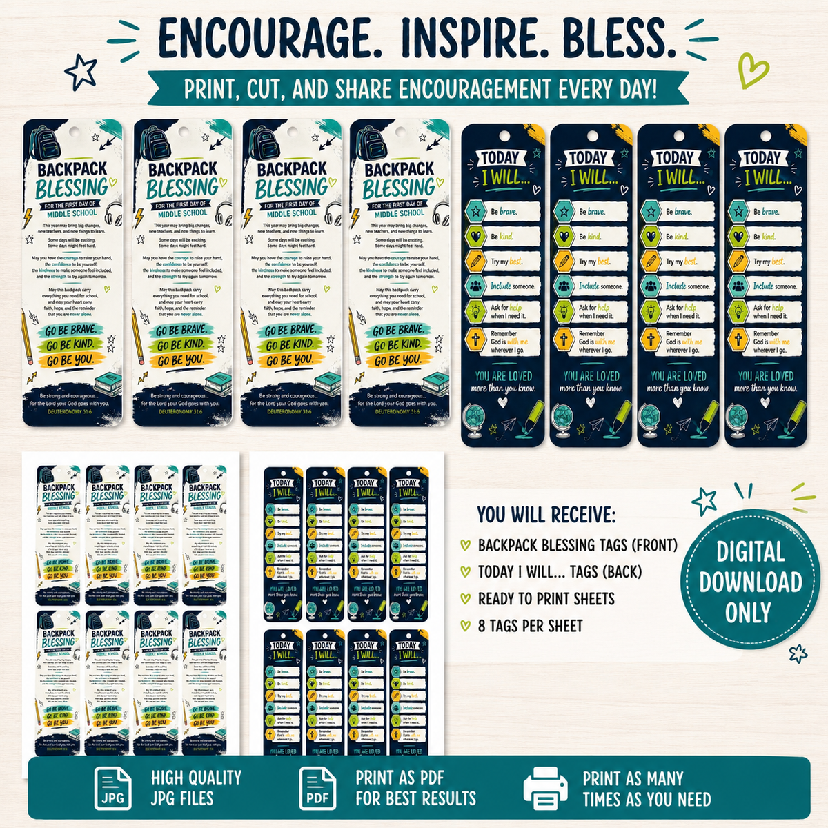 Middle School Backpack Blessing Tags Printable | Christian First Day of School Gift