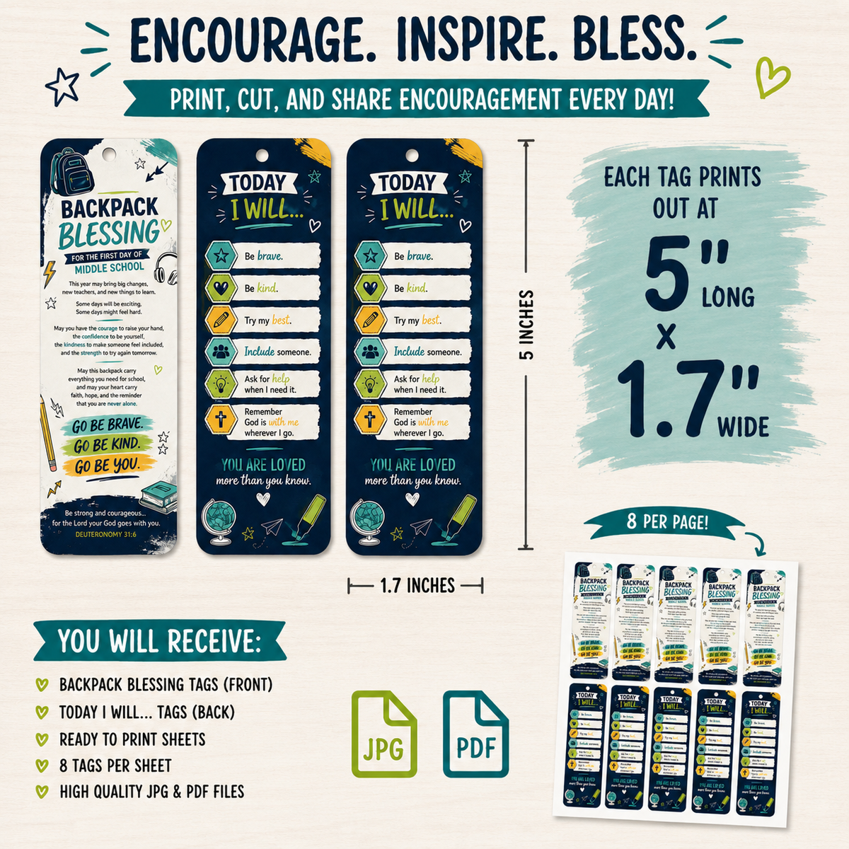 Middle School Backpack Blessing Tags Printable | Christian First Day of School Gift