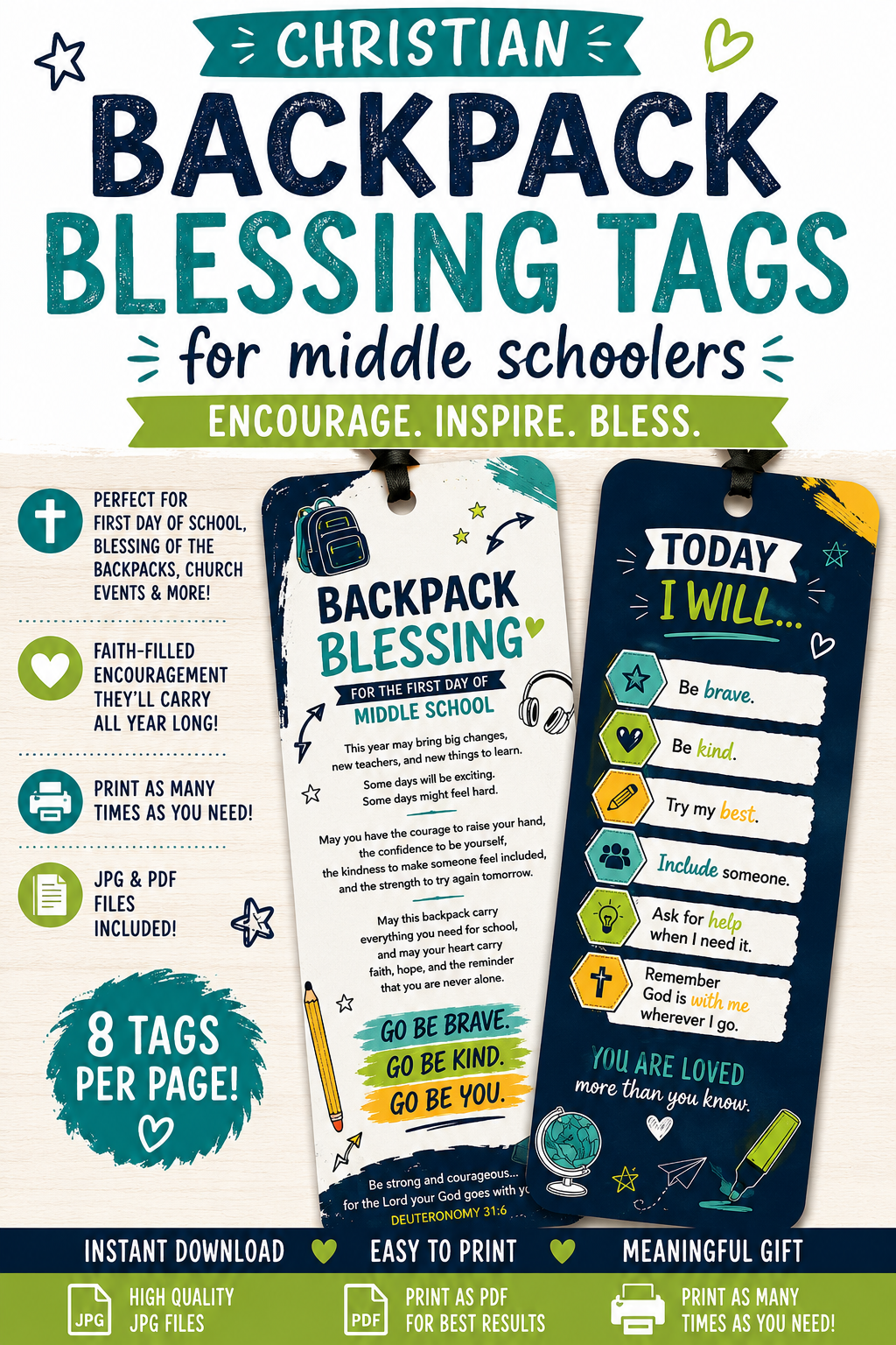 Middle School Backpack Blessing Tags Printable | Christian First Day of School Gift