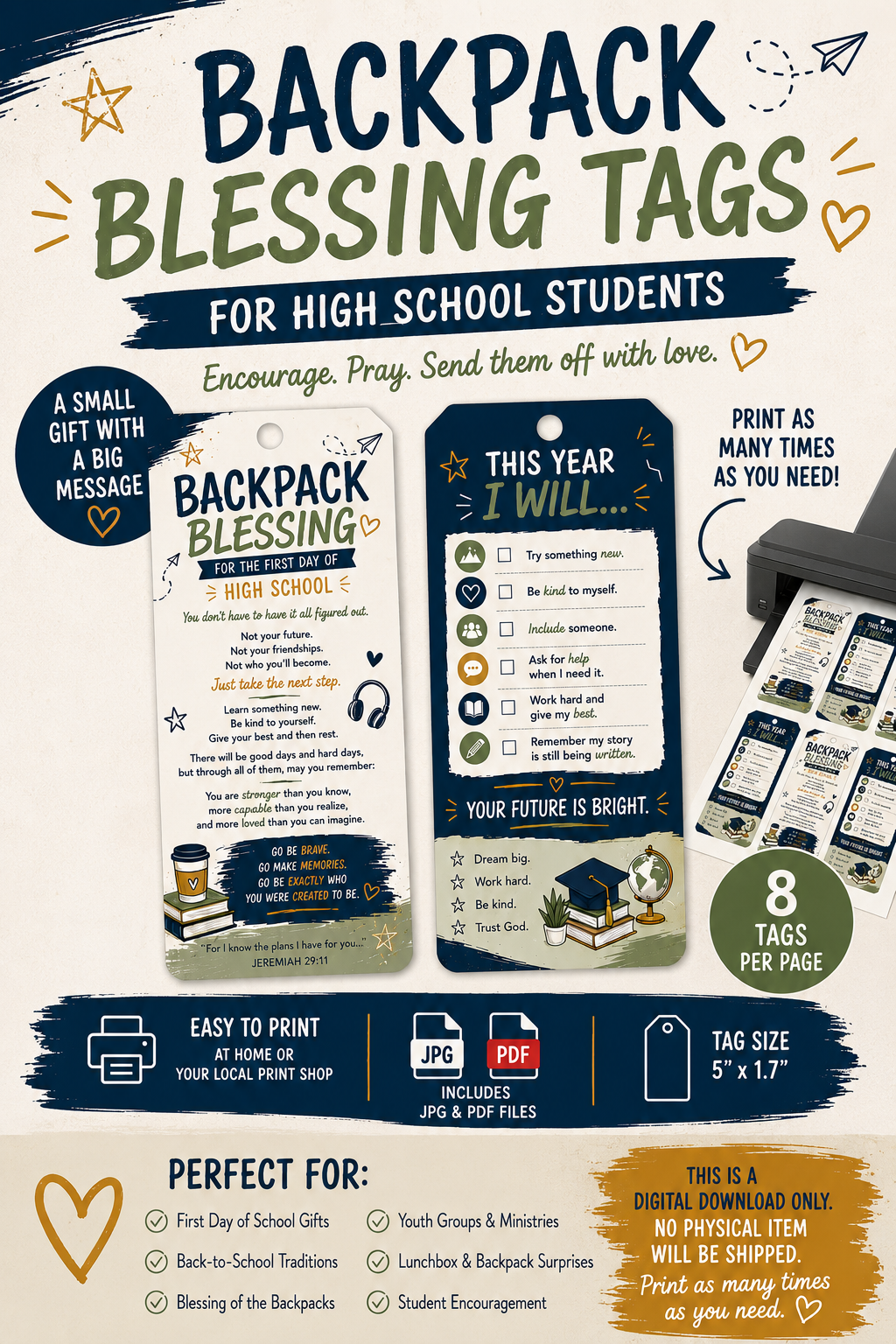 High School Backpack Blessing Tags Printable