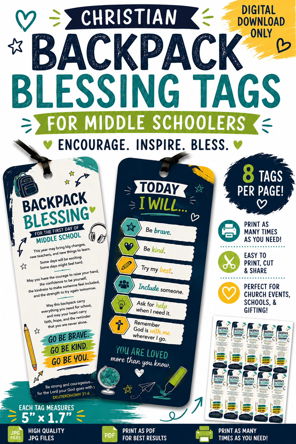 Middle School Backpack Blessing Tags Printable | Christian First Day of School Gift