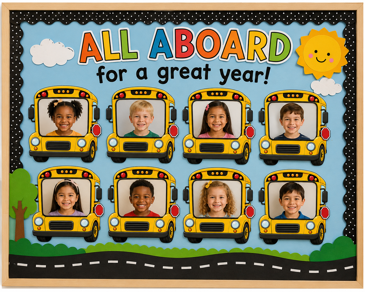 Editable School Bus Student Photo Frame Template, Printable Bulletin Board Display, Canva Classroom Decor