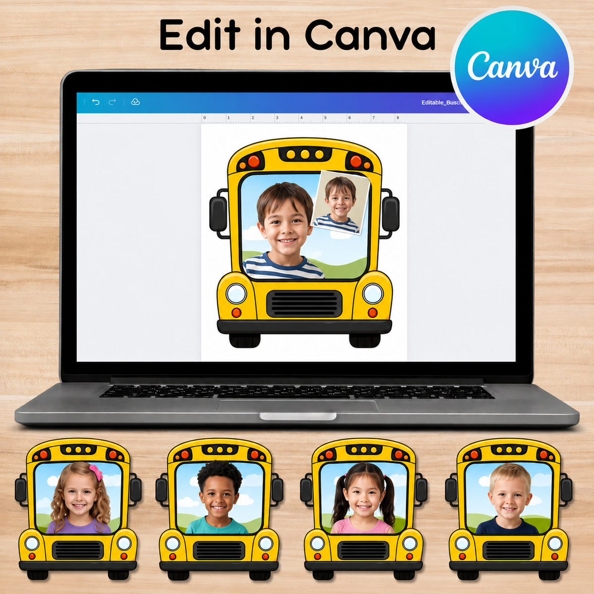 Editable School Bus Student Photo Frame Template, Printable Bulletin Board Display, Canva Classroom Decor