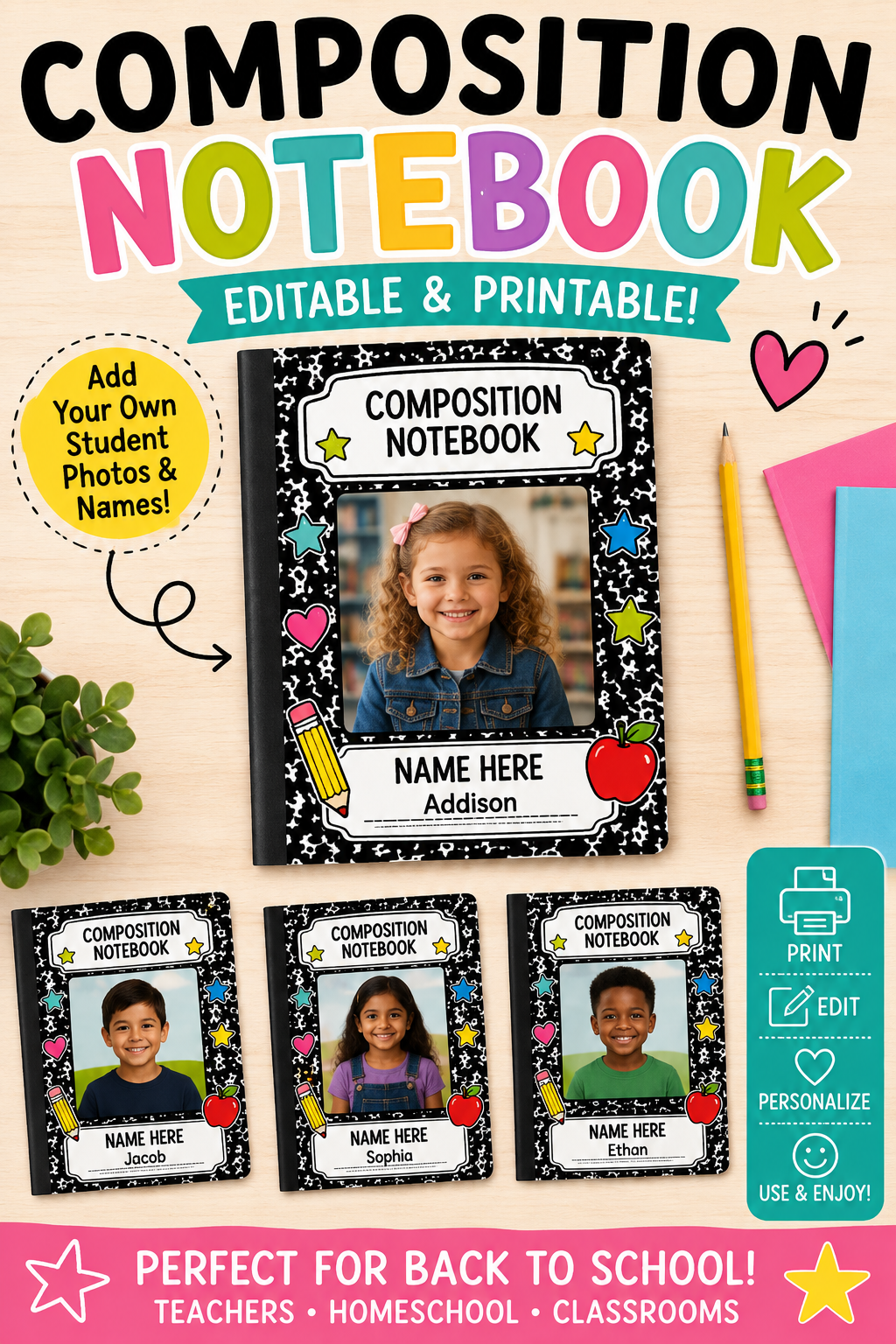 Editable Composition Notebook Student Photo Frame Canva Template