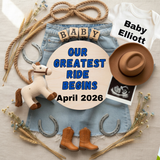 Baby announcement with cowboy-themed items including boots, hat, and baby clothes.
