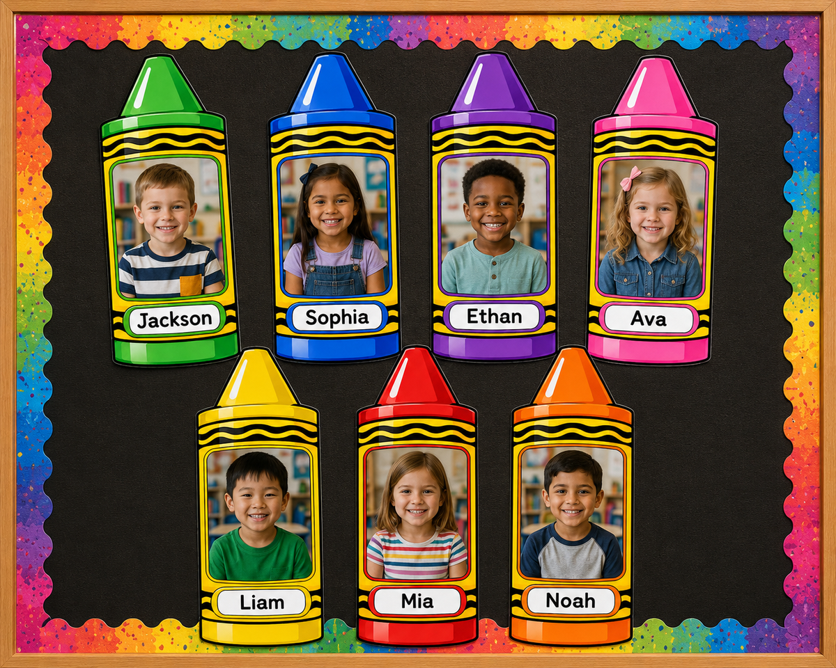 Editable Crayon Student Photo Frame Template | Canva Classroom Bulletin Board Decor | Back to School Photo Display