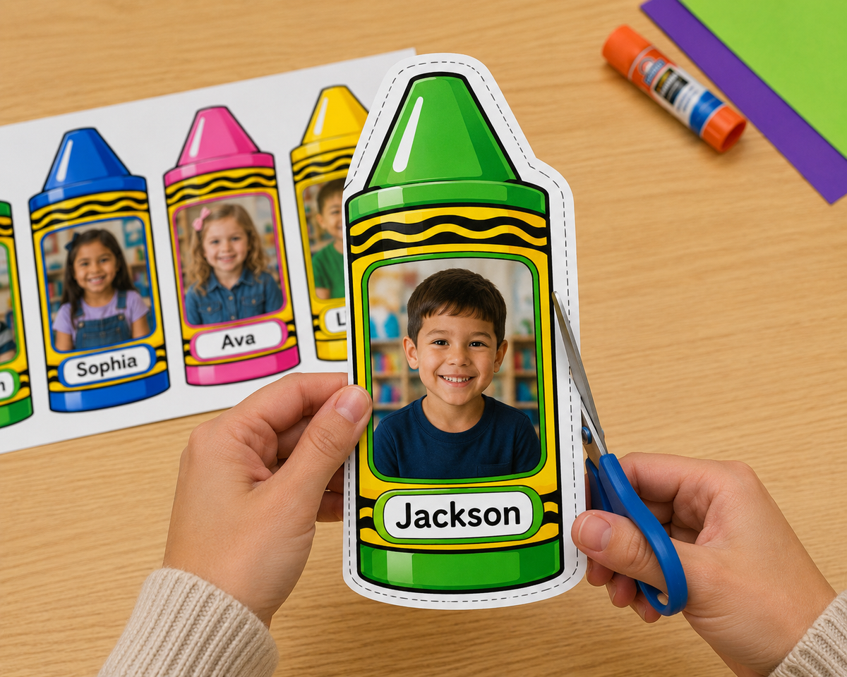 Editable Crayon Student Photo Frame Template | Canva Classroom Bulletin Board Decor | Back to School Photo Display