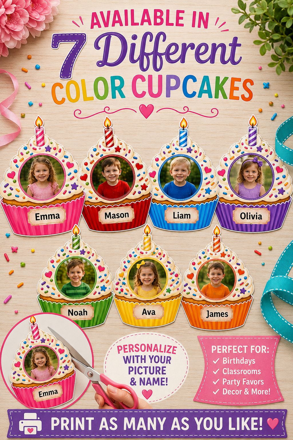 Editable Birthday Cupcake Student Photo Frame Canva Template