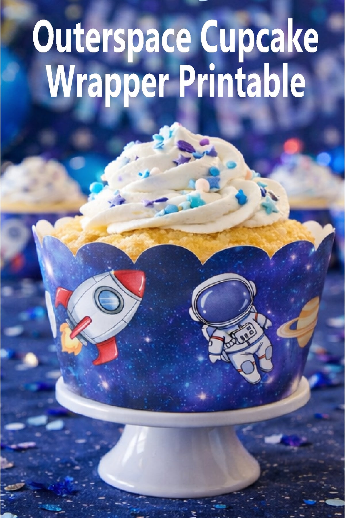 These outer space cupcake wrappers are the easiest way to create a coordinated dessert table for a space-themed birthday party. Designed to fit regular cupcakes, this printable party decor instantly upgrades cupcakes for astronaut birthdays, galaxy parties, and milestone celebrations like Reach Four The Sky or Two the Moon.