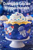 These outer space cupcake wrappers are the easiest way to create a coordinated dessert table for a space-themed birthday party. Designed to fit regular cupcakes, this printable party decor instantly upgrades cupcakes for astronaut birthdays, galaxy parties, and milestone celebrations like Reach Four The Sky or Two the Moon.