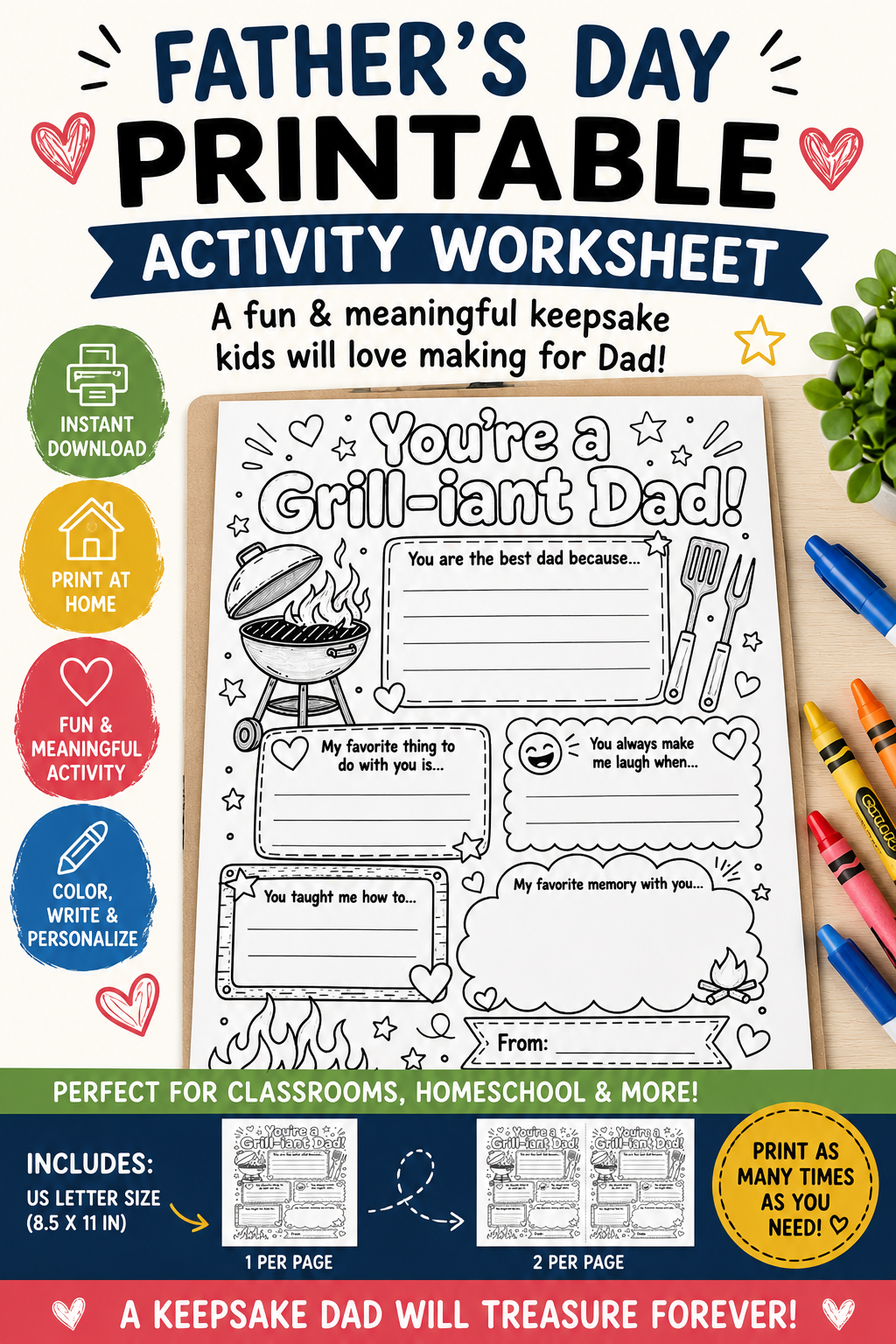 Make Father’s Day extra meaningful with this fun printable kids activity worksheet! ❤️ Kids can color, write, and create a heartfelt keepsake Dad will treasure forever. Perfect for classrooms, homeschool, daycare, or an easy last-minute Father’s Day gift idea.

Includes:
⭐ US Letter size printable
⭐ 1-per-page and 2-per-page versions
⭐ Instant digital download
⭐ Fun coloring + writing activity
⭐ Print as many times as you need

This “You’re a Grill-iant Dad!” printable is a sweet all about dad activity kids