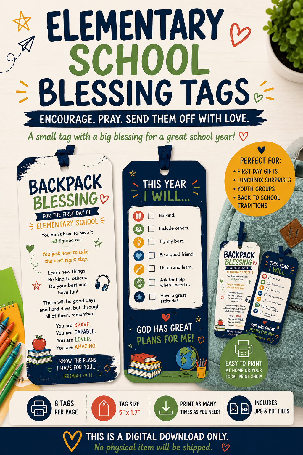 Elementary School Backpack Blessing Tags Printable