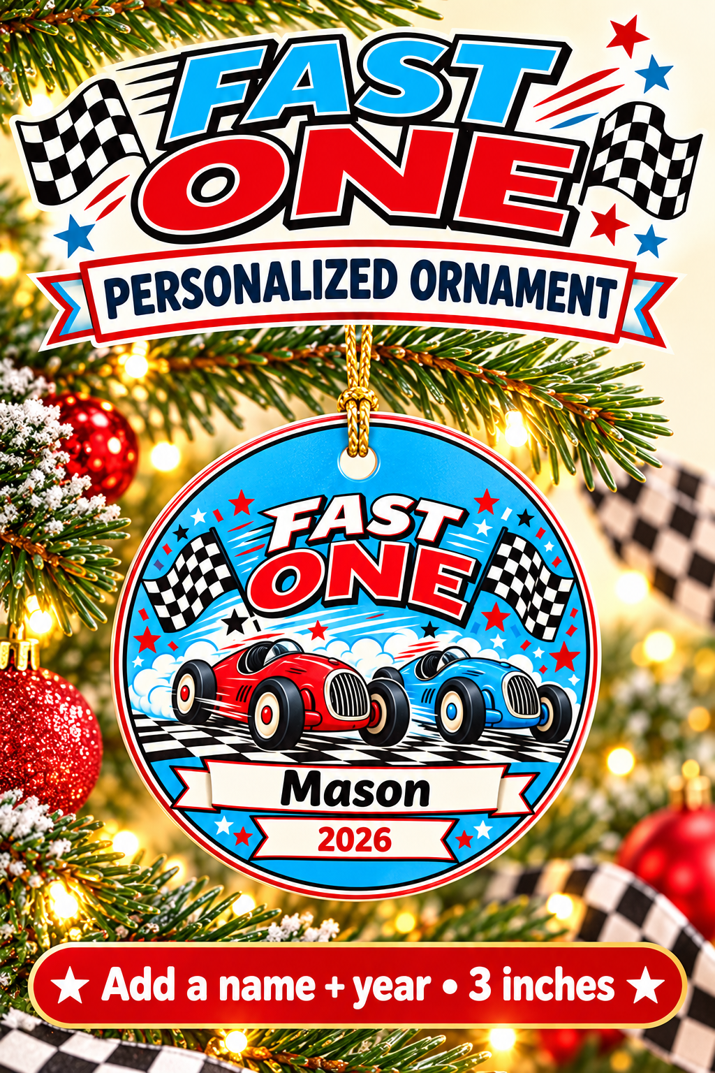 Celebrate their Fast One birthday year with a personalized race car Christmas ornament! 🏁 Add a name and year to the front of this 3-inch round ornament, featuring red and blue race cars and checkered flags. The matching racing design on the back makes it a keepsake to hang on the tree year after year. Shop this custom racing birthday gift today!
