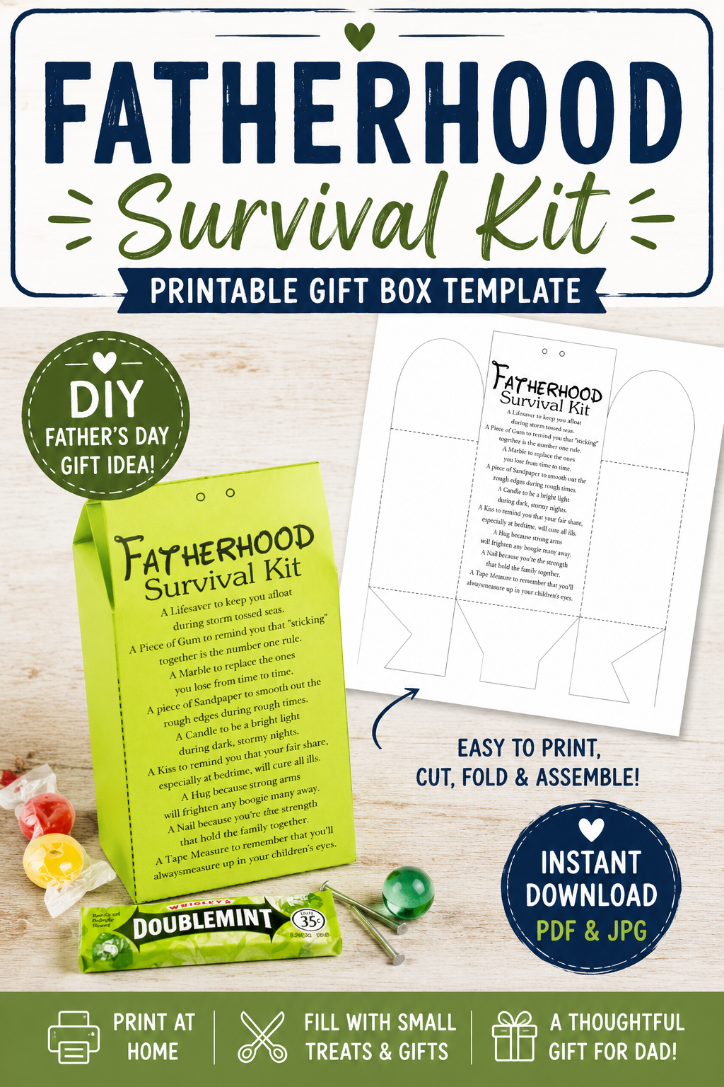 Looking for a meaningful Father’s Day gift that’s easy, affordable, and unforgettable? This Fatherhood Survival Kit printable box template is the perfect DIY gift idea for dads, grandpas, stepdads, and new fathers. Simply print, cut, fold, and fill with small treats and symbolic goodies to create a heartfelt keepsake dad will love. Perfect for Father’s Day, baby showers, church gifts, classroom crafts, and homemade gift baskets.

This instant download comes in PDF and JPG format and prints on standard US le