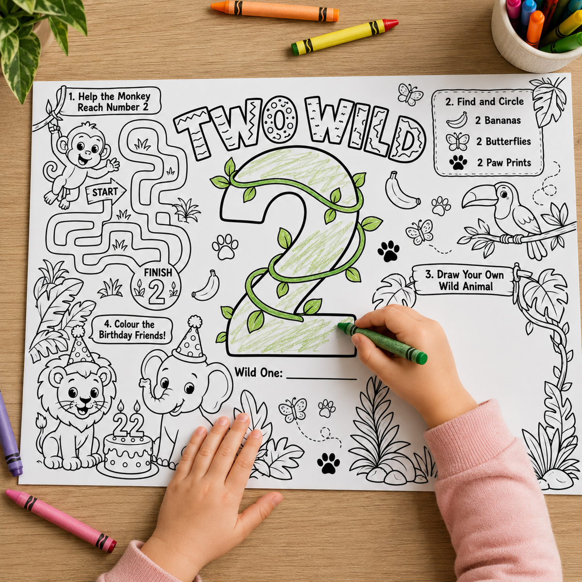 Two Wild Second Birthday Activity Placemat Printable, Jungle Safari Birthday Activity