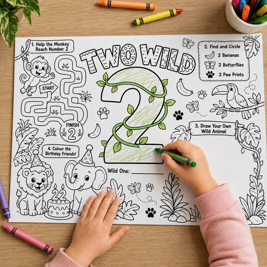 Two Wild Second Birthday Activity Placemat Printable, Jungle Safari Birthday Activity