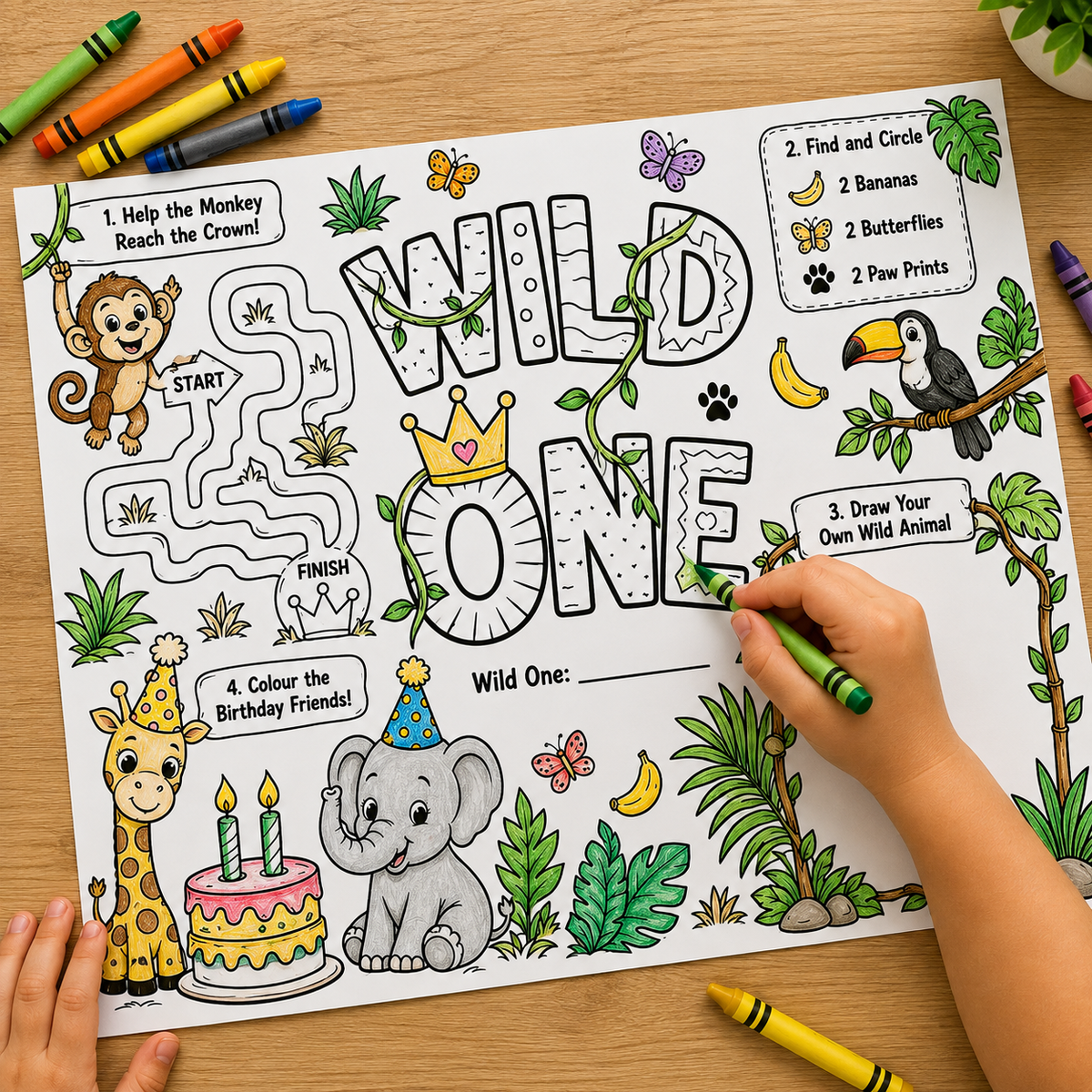 Wild One First Birthday Activity Placemat Printable, Jungle Safari Birthday Activity