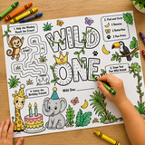 Wild One First Birthday Activity Placemat Printable, Jungle Safari Birthday Activity