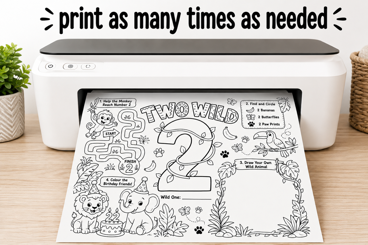 Two Wild Second Birthday Activity Placemat Printable, Jungle Safari Birthday Activity