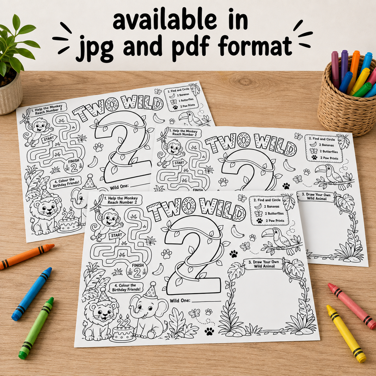 Two Wild Second Birthday Activity Placemat Printable, Jungle Safari Birthday Activity