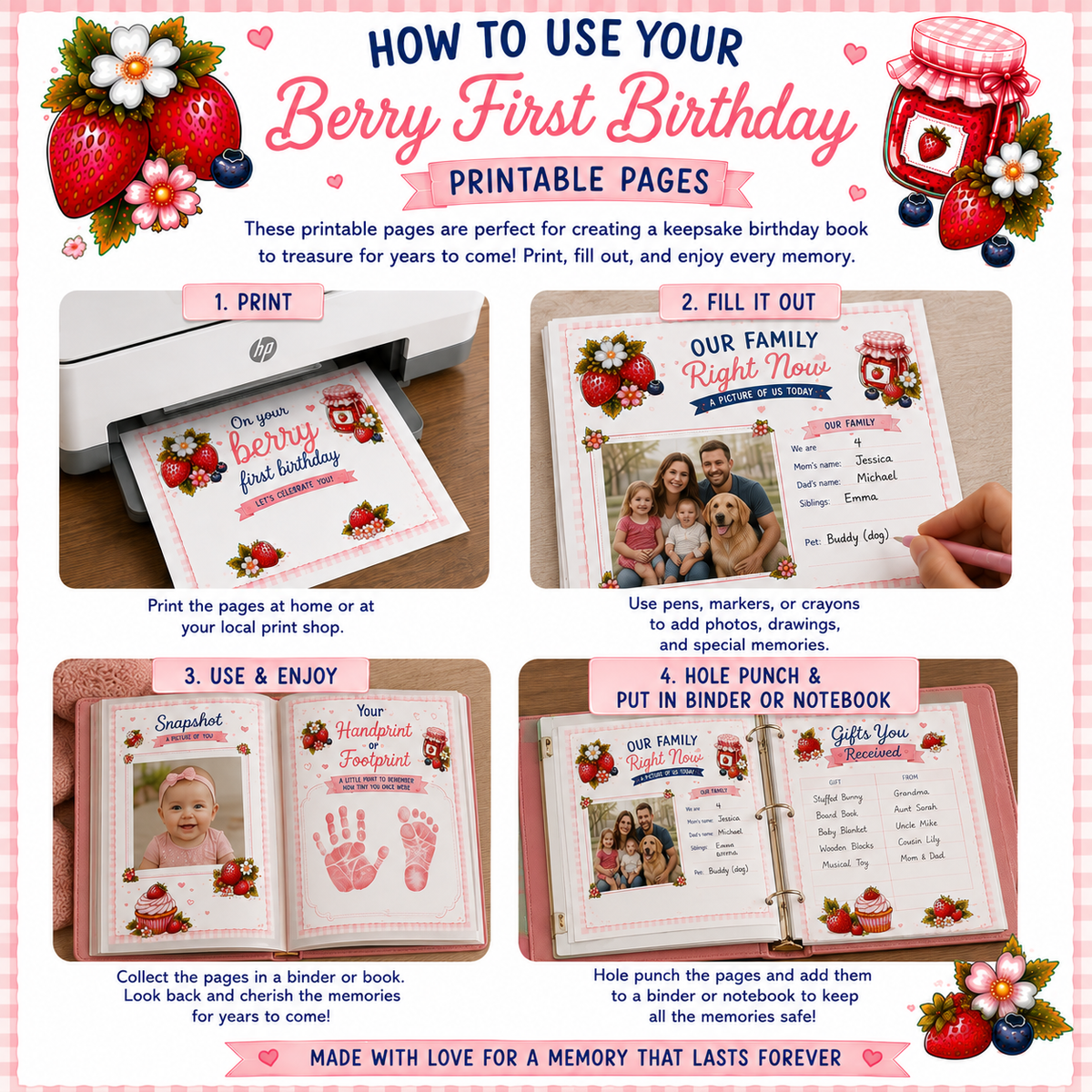 Berry First Birthday Journal Printable, First Birthday Memory Book PDF, Birthday Keepsake Pages, Baby First Year Journal