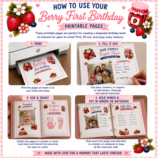 Berry First Birthday Journal Printable, First Birthday Memory Book PDF, Birthday Keepsake Pages, Baby First Year Journal