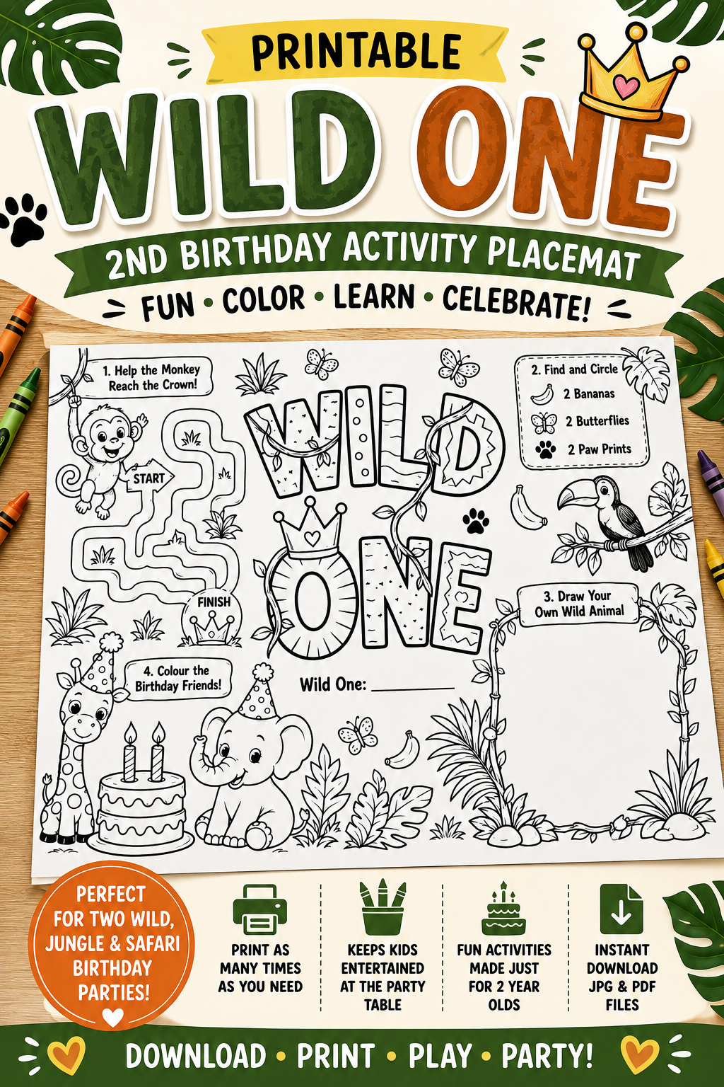 Celebrate your little WILD ONE with this printable first birthday activity placemat! 🦁🌿 Perfect for Wild One, jungle, safari, and animal-themed birthday parties, this kids’ placemat includes a monkey maze, find-and-circle challenge, drawing prompt, adorable jungle animals, and plenty of space to color. Simply download, print as many as you need, add crayons, and you have an easy activity to keep little party guests entertained at the table. Instant digital download includes JPG and PDF files.

#WildOneBir